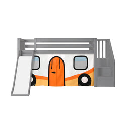 180425121067 : Loft Beds Low Loft with Stairs, Easy Slide and Orange Camper Van Curtain, Grey