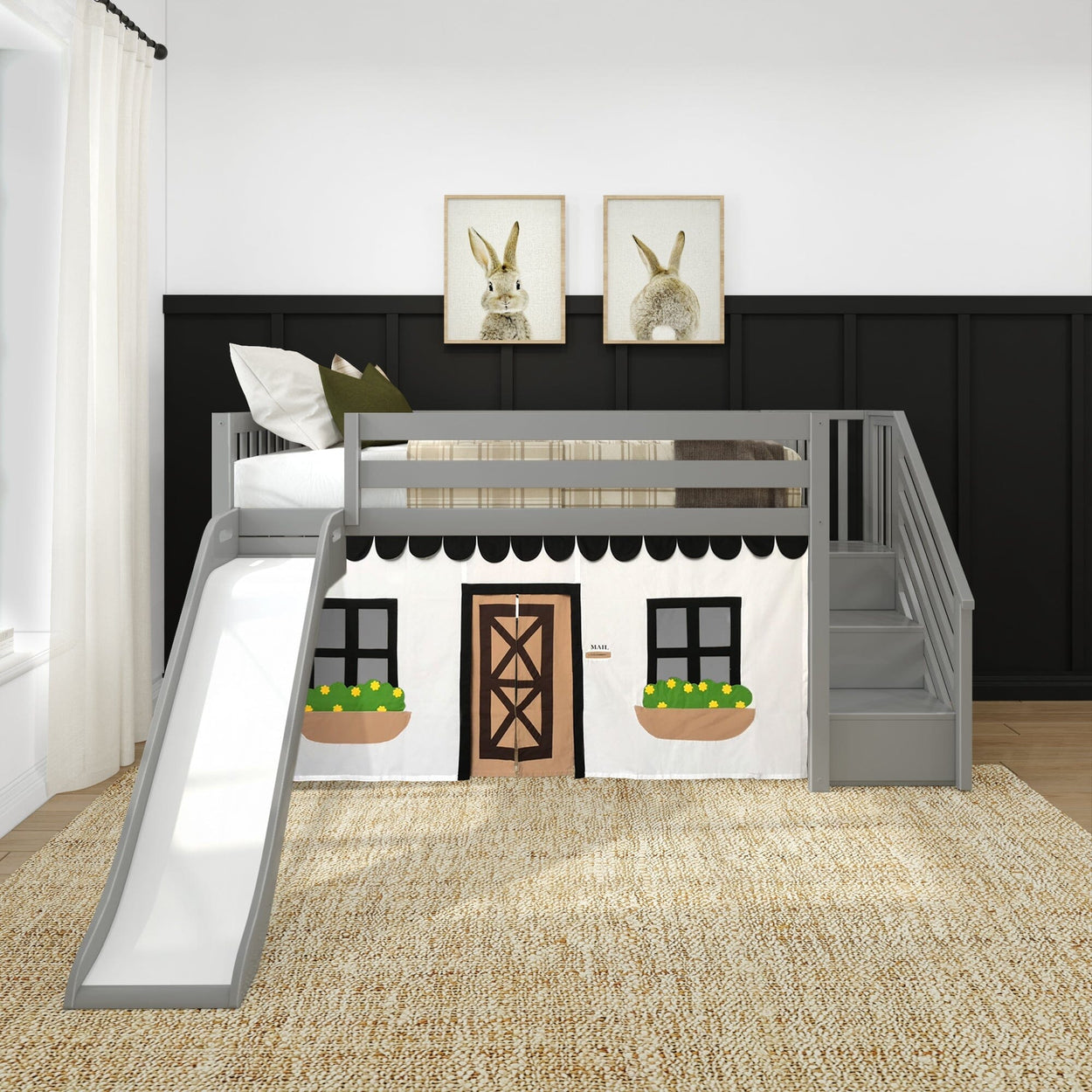 180425121069 : Loft Beds Low Loft with Stairs, Easy Slide and Black and White Farmhouse Curtain, Grey