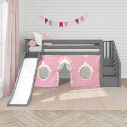 180425121083 : Loft Beds Low Loft with Stairs, Easy Slide and Light Pink and Gold Princess Curtain, Grey