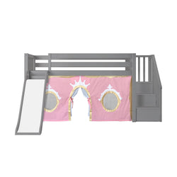 180425121083 : Loft Beds Low Loft with Stairs, Easy Slide and Light Pink and Gold Princess Curtain, Grey