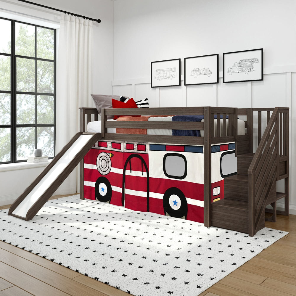 180425151043 : Loft Beds Low Loft With Stairs, Easy Slide & Firetruck Curtain, Clay