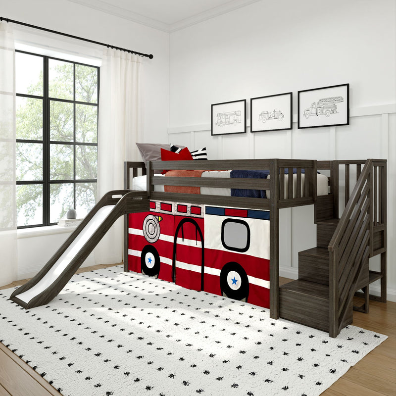 Children's loft bed with slide and fire truck theme in bright bedroom.