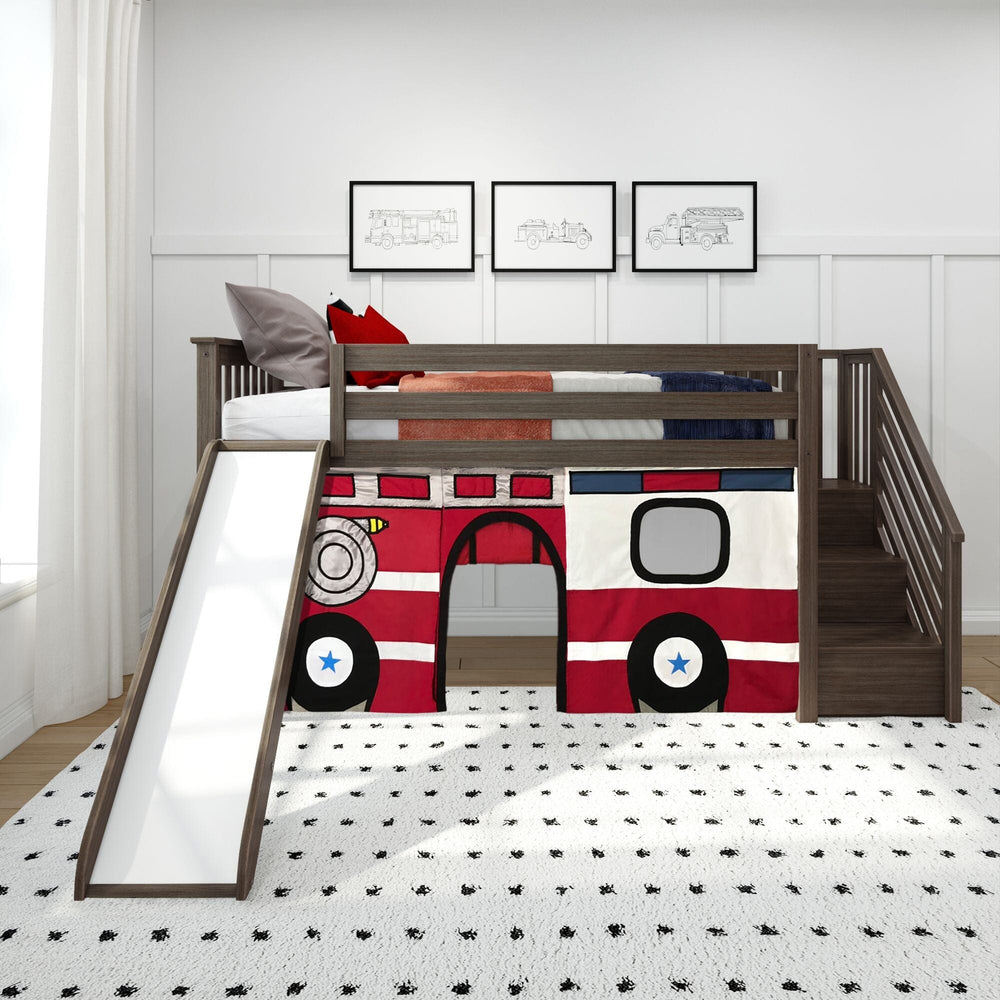 180425151043 : Loft Beds Low Loft With Stairs, Easy Slide & Firetruck Curtain, Clay