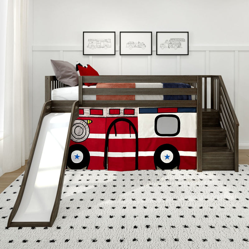 Kid's fire truck-themed loft bed with slide in modern bedroom décor.