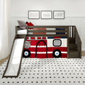 Wooden kids loft bed with slide and stairs featuring a red fire truck play curtain, white dotted rug, and framed fire truck prints in a modern toddler bedroom