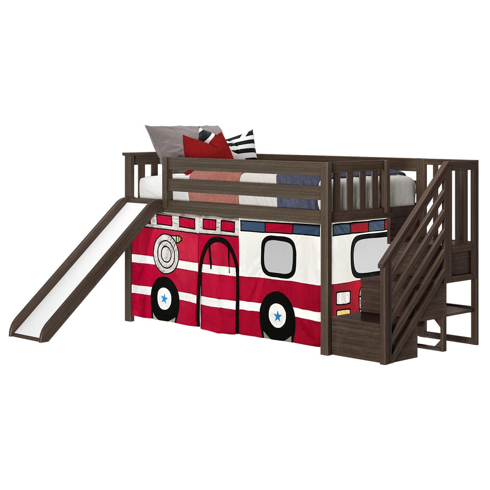 180425151043 : Loft Beds Low Loft With Stairs, Easy Slide & Firetruck Curtain, Clay