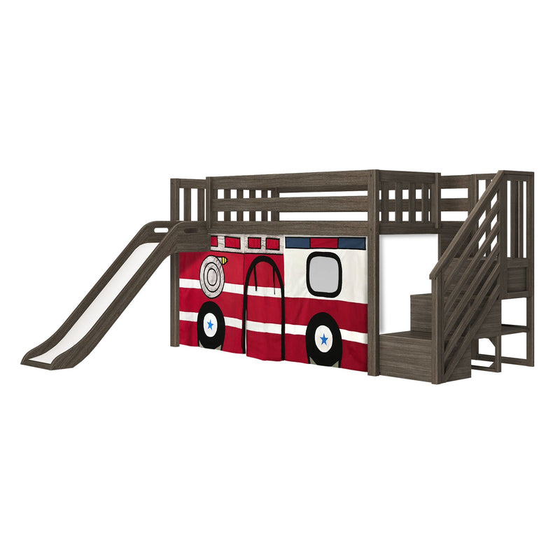 Wooden loft bed with fire truck-themed curtain and attached slide for kids' bedroom.