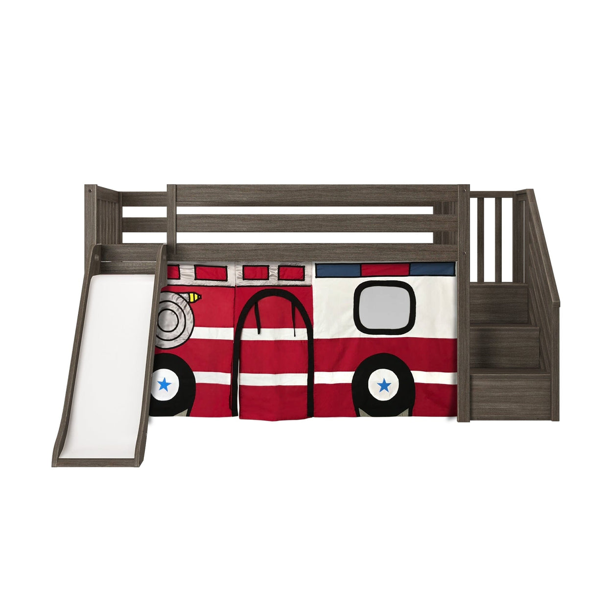 180425151043 : Loft Beds Low Loft with Stairs, Easy Slide and Firetruck Curtain, Clay
