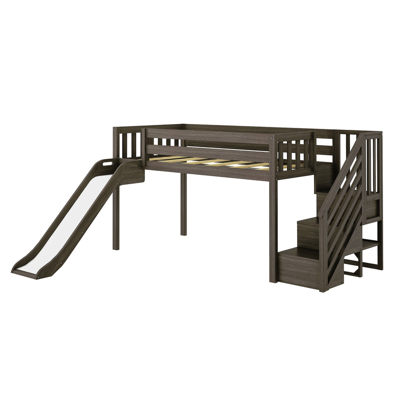 Wooden loft bed with slide and stairs for kids' room.