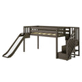 Dark gray wooden twin loft bed with slide and storage stairs, elevated kids bed with safety rails and space-saving design