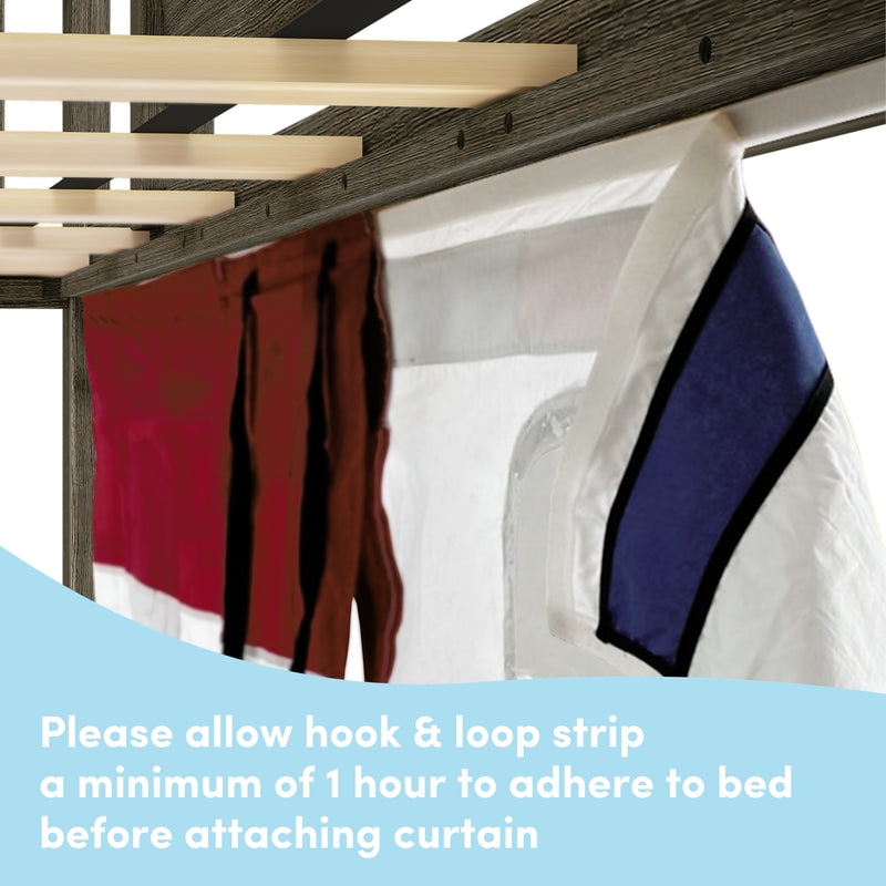 Loft bed with attached curtains using hook and loop strips and setup instructions.