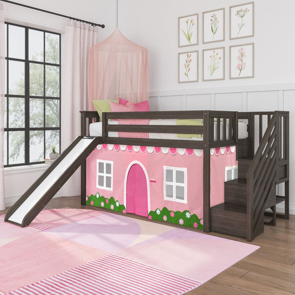 180425151064 : Loft Beds Low Loft With Stairs, Easy Slide & Light Pink & White Farmhouse Curtain, Clay