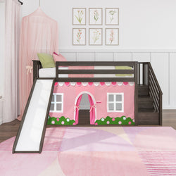 180425151064 : Loft Beds Low Loft With Stairs, Easy Slide & Light Pink & White Farmhouse Curtain, Clay