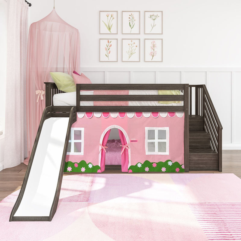 Pink girls loft bed with slide and wooden stairs, playhouse curtain and canopy, floral wall art and pink rug in modern children's bedroom