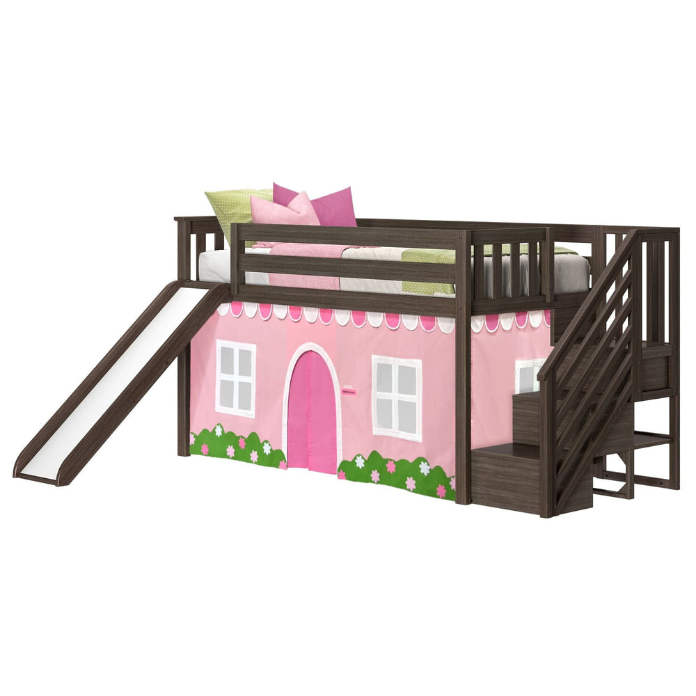 180425151064 : Loft Beds Low Loft With Stairs, Easy Slide & Light Pink & White Farmhouse Curtain, Clay