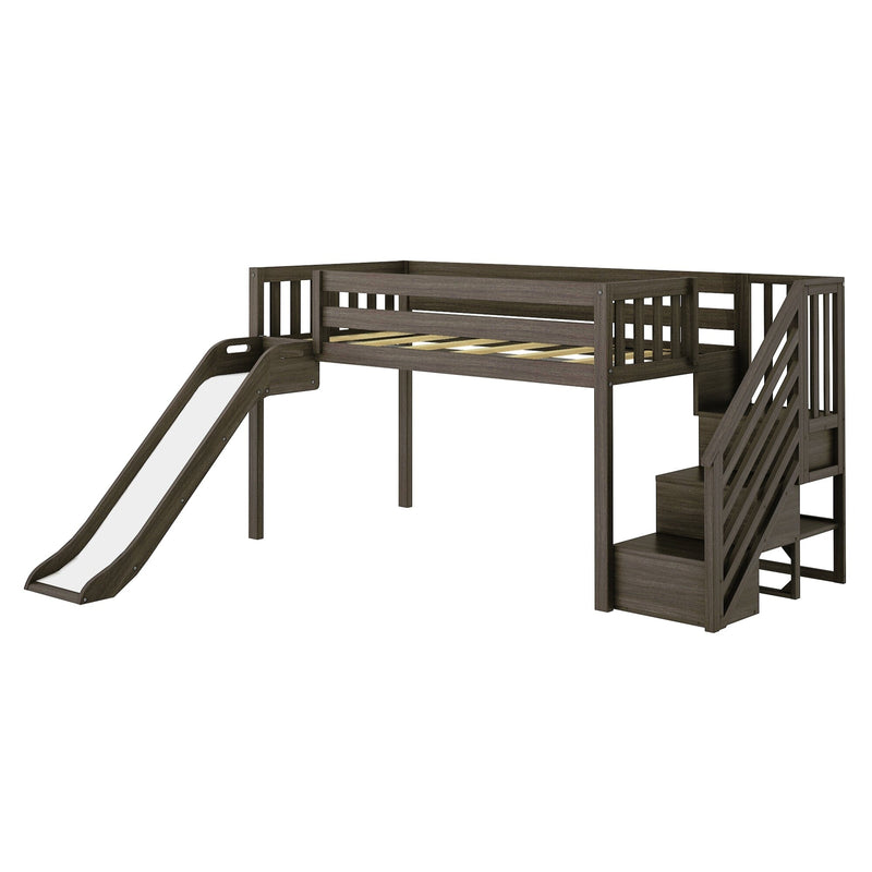 Kids gray twin loft bed with slide, built-in storage stairs, safety rails, and space-saving modern bedroom design