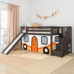 180425151067 : Loft Beds Low Loft With Stairs, Easy Slide & Orange Camper Van Curtain, Clay