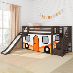 Children's loft bed with slide and playhouse curtain, designed as an orange and white bus, in a brightly lit bedroom.