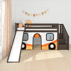 180425151067 : Loft Beds Low Loft With Stairs, Easy Slide & Orange Camper Van Curtain, Clay