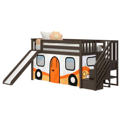 180425151067 : Loft Beds Low Loft With Stairs, Easy Slide & Orange Camper Van Curtain, Clay