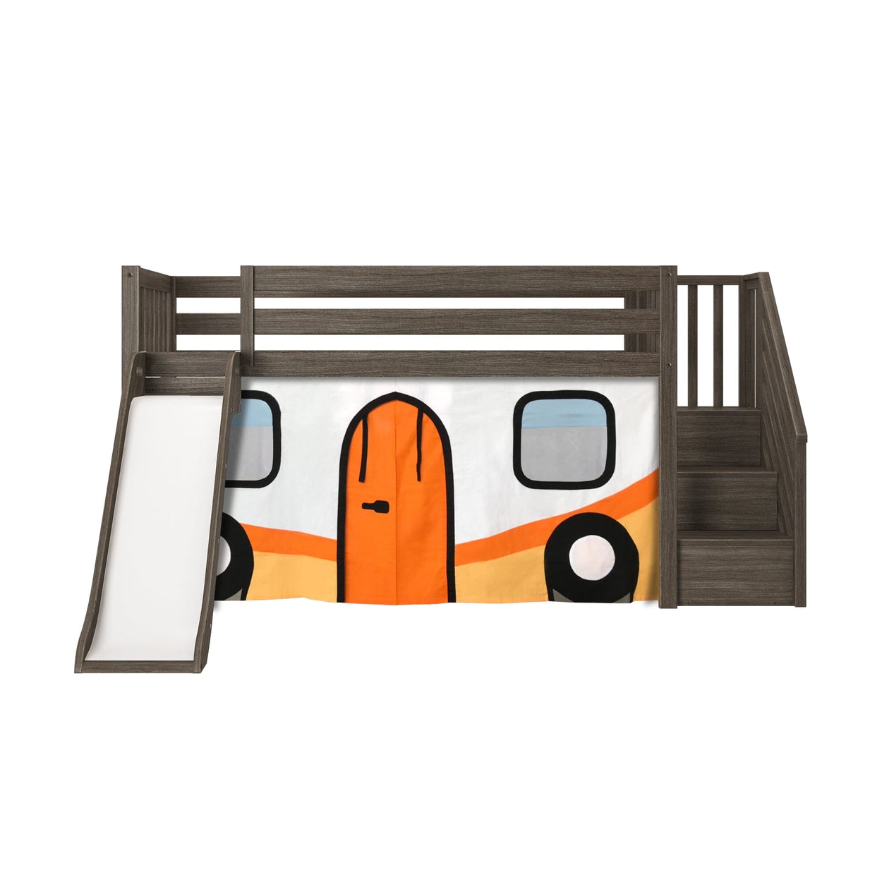 180425151067 : Loft Beds Low Loft with Stairs, Easy Slide and Orange Camper Van Curtain, Clay