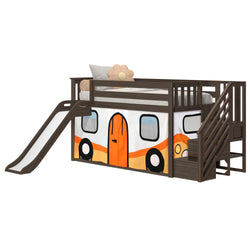 Kids' wooden bunk bed with slide and colorful bus-themed fabric decor.
