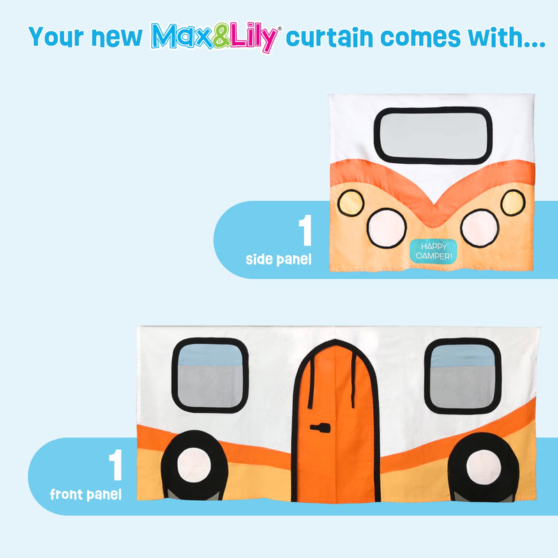 Max & Lily kids playhouse curtain set – orange camper RV design, includes front panel with door and wheels and side panel with windows and "Happy Camper" badge
