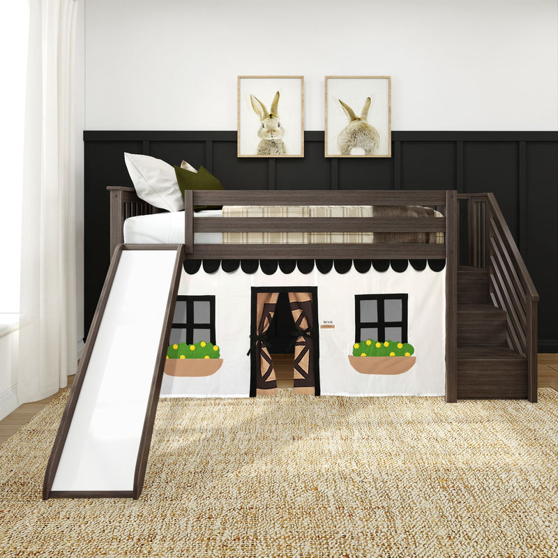 Kids' loft bed with slide and playhouse theme, featuring dark wood frame, displayed in a modern children's bedroom.