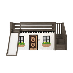 180425151069 : Loft Beds Low Loft with Stairs, Easy Slide and Black and White Farmhouse Curtain, Clay