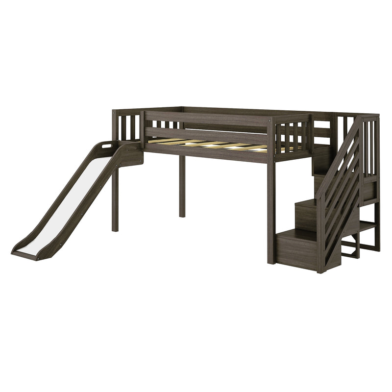 Loft bed with slide and stairs in dark wood finish for kids' bedroom furniture.