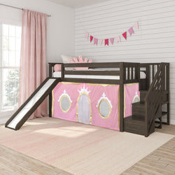 180425151083 : Loft Beds Low Loft With Stairs, Easy Slide & Light Pink & Gold Princess Curtain, Clay