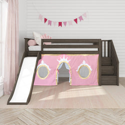 180425151083 : Loft Beds Low Loft with Stairs, Easy Slide and Light Pink and Gold Princess Curtain, Clay