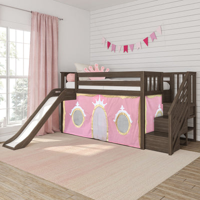 Pink girls bunk bed with slide and princess play tent, wooden staircase, crown pillow, pink curtains and pennant bunting on white shiplap wall, styled children's bedroom decor