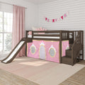 Wooden kids loft bed with slide and stairs, pink princess play-tent panels and crown pillow in a bright girls' bedroom with pink curtains