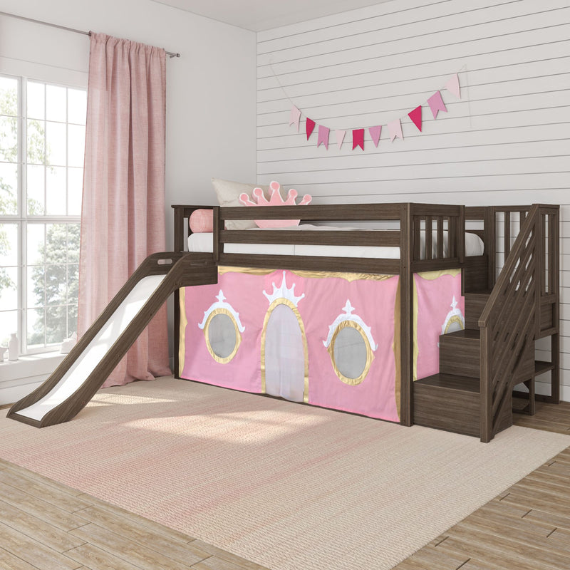 Wooden kids loft bed with slide and stairs, pink princess play-tent panels and crown pillow in a bright girls' bedroom with pink curtains