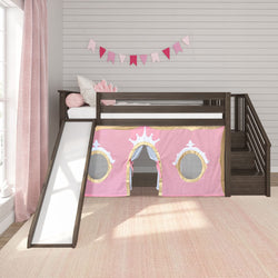 180425151083 : Loft Beds Low Loft With Stairs, Easy Slide & Light Pink & Gold Princess Curtain, Clay