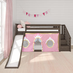 Girls loft bed with slide and staircase, dark wood frame and pink princess play tent with round windows, bunting and pink curtains in kids bedroom