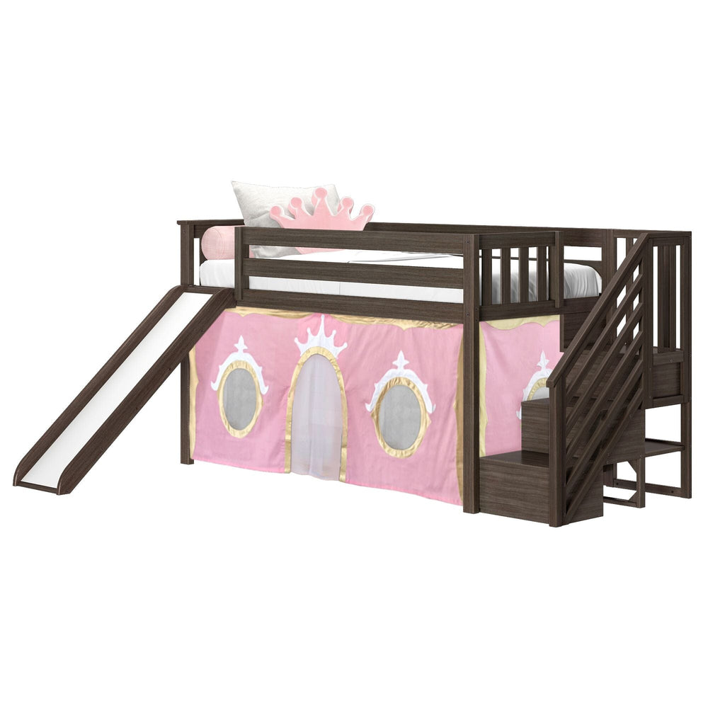 180425151083 : Loft Beds Low Loft With Stairs, Easy Slide & Light Pink & Gold Princess Curtain, Clay