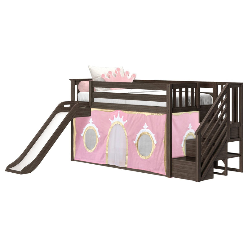 Dark espresso wooden kids loft bed with built-in slide and staircase, pink princess play-tent panel and crown pillow creating under-bed play area