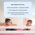 Bunk bed with smiling children and text highlighting slat support, twin mattress fit, and recommended 5-inch mattress thickness.