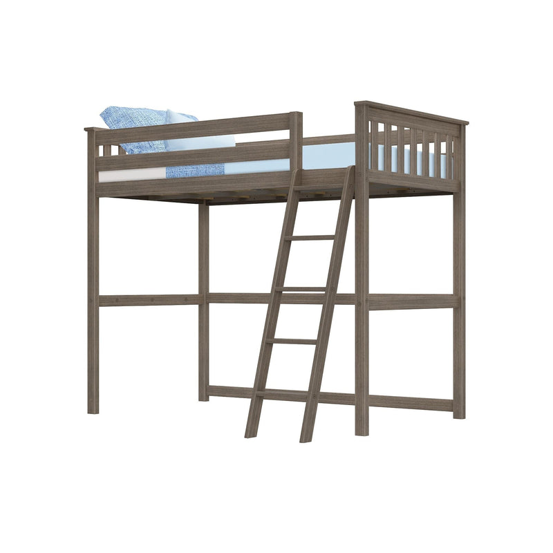Wooden loft bed with ladder and blue bedding, ideal for maximizing bedroom space.