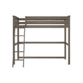 Gray wooden loft bed with ladder for space-saving bedroom furniture.