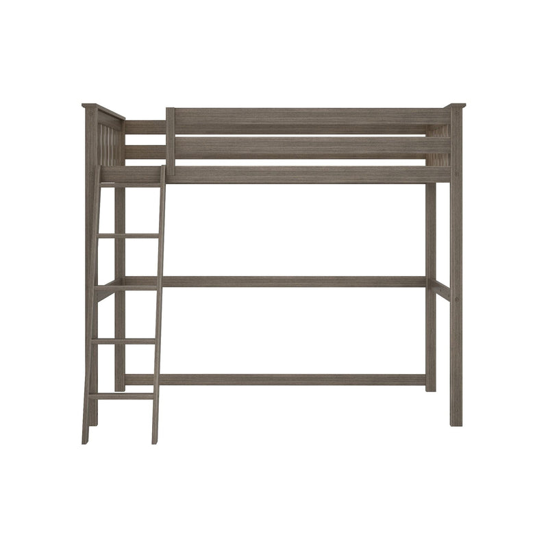 Gray wooden loft bed with ladder for space-saving bedroom furniture.