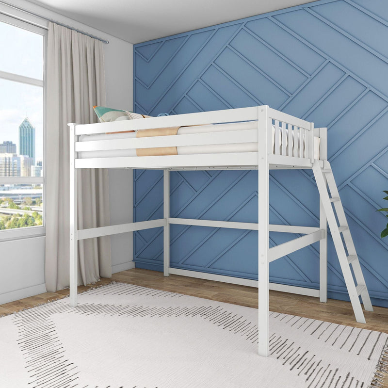 White loft bed with ladder in modern bedroom with blue accent wall and city view.