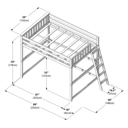 Illustration of a loft bed with dimensions, featuring a ladder and guardrails, ideal for optimizing small space living.