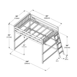 Isometric diagram of a wooden loft bed with guardrails and angled ladder, labeled dimensions 100"×82"×70" (254×208×177 cm) and 52" (133 cm) under-bed clearance, ideal for raised bed, kids' bedroom and storage planning