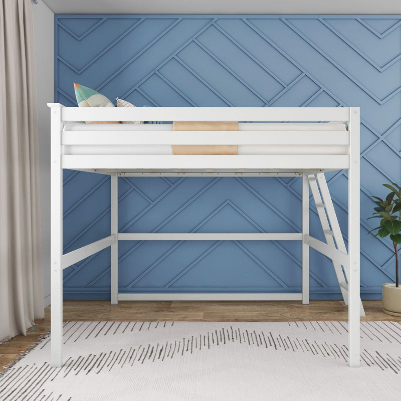 White wooden loft bed with ladder in a modern bedroom with blue accent wall.