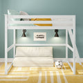 White wooden loft bunk bed in a kids' bedroom with teal accent wall, green-striped pillow, mustard yellow blanket, wall sconces, "Always Wonder" sign and soccer ball on yellow rug