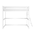 White wooden loft bed frame with safety rails and ladder, modern twin high-sleeper bunk bed for small bedrooms