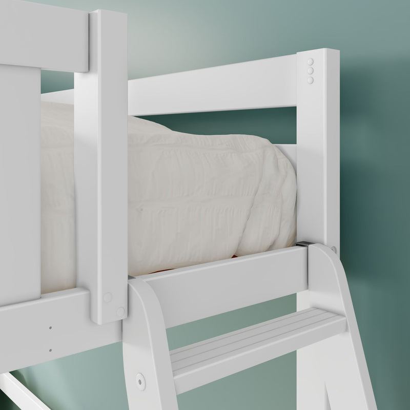 Close-up of white wooden loft bed ladder and safety guardrail with quilted white bedding against a teal wall background